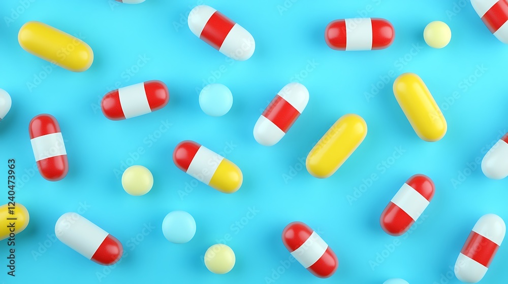 Colorful Pills and Capsules Spread on Bright Blue Surface Representing Health and Medicine Concepts Colorful Pills and Capsules Spread on Bright Blue Surface Representing Health and Medicine Concepts