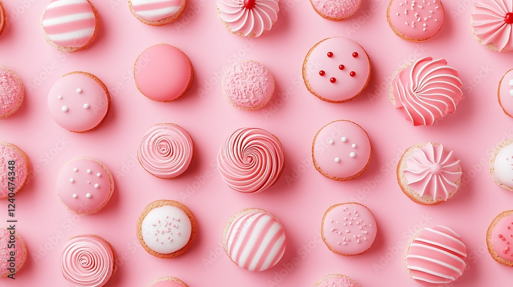Colorful Pink Cookies and Cupcakes on Pink Background Perfect for Celebrations and Sweet Treats Display Colorful Pink Cookies and Cupcakes on Pink Background Perfect for Celebrations and Sweet Treats Display