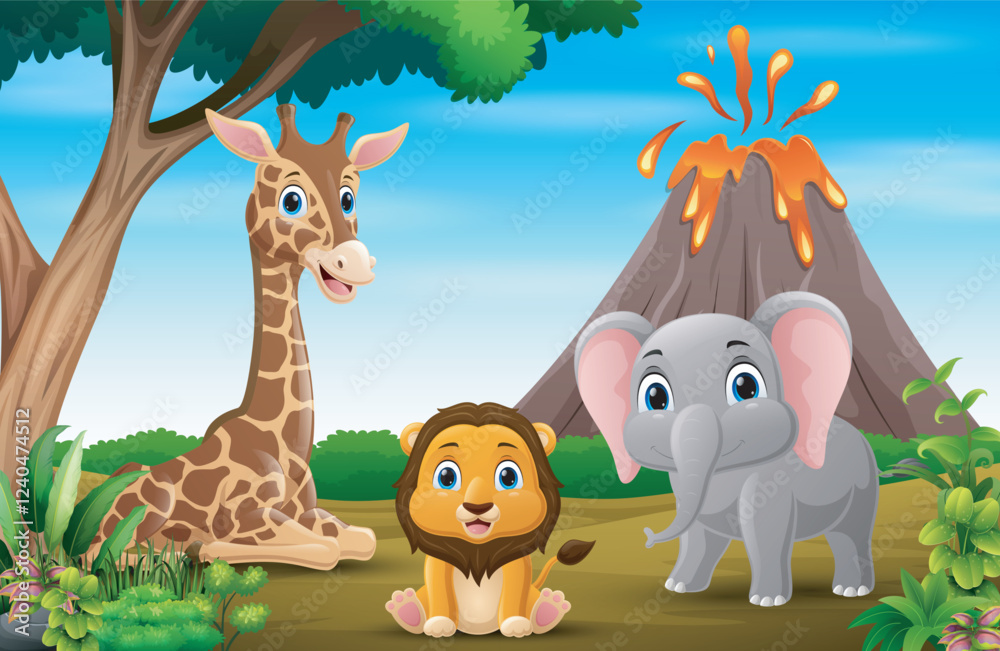 Naklejka premium Wild animals cartoon in the jungle background