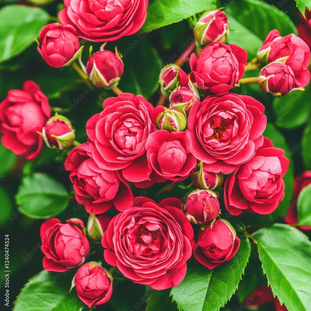 Vibrant Red Roses in Full Bloom Surrounded by Lush Green Leaves in a Beautiful Garden Setting Vibrant Red Roses in Full Bloom Surrounded by Lush Green Leaves in a Beautiful Garden Setting