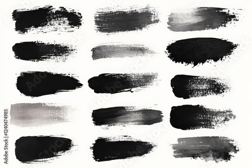 Variety of black paint strokes on a white background showcasing different textures and techniques in artistic creation