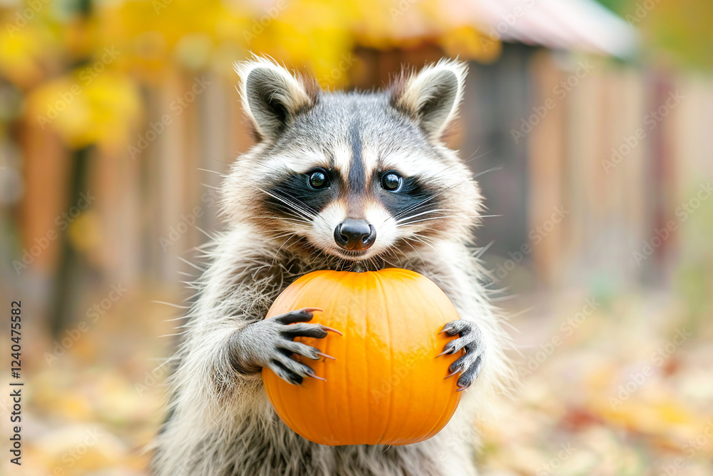 Fototapeta premium A cute raccoon holds a pumpkin outdoors, celebrating Halloween in the peaceful autumn forest setting.