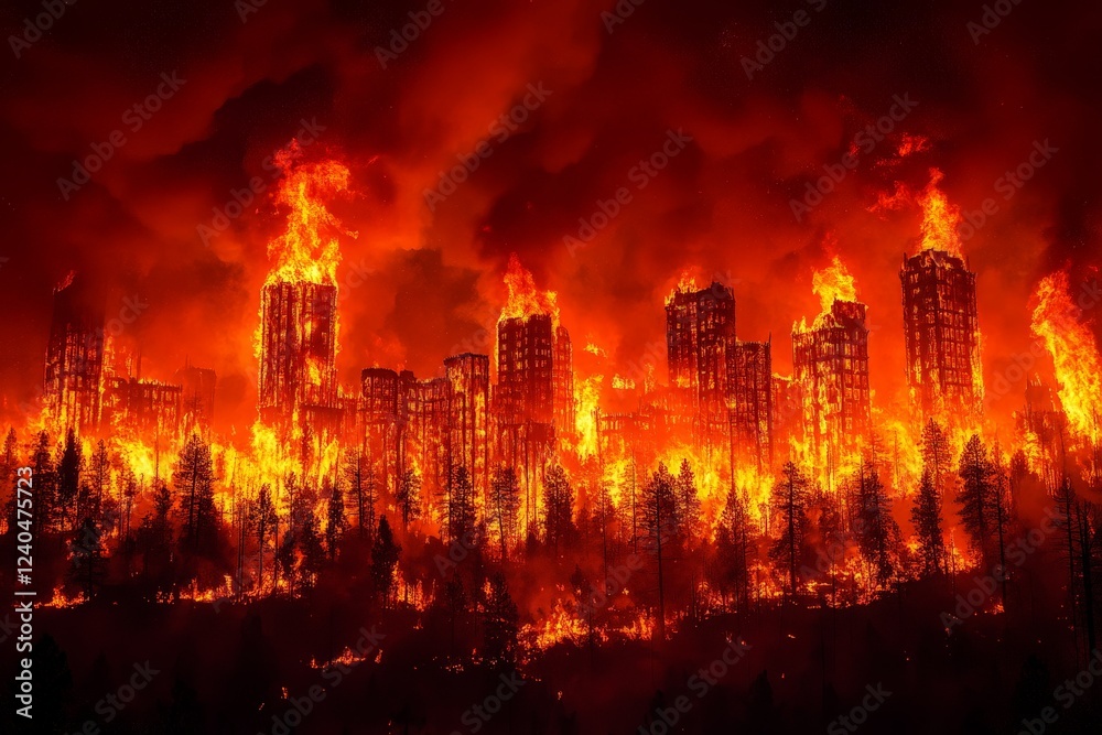 Forest fire engulfs trees and structures in a dramatic blaze during the night Forest fire engulfs trees and structures in a dramatic blaze during the night
