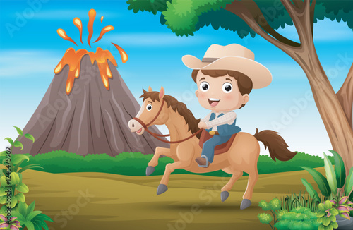 Cartoon young cowboy riding horse with volcano erupting background
