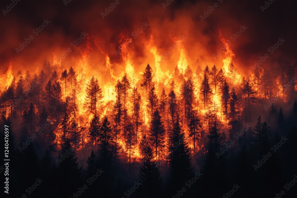 Wildfire consumes forest at dusk, creating an intense display of flames and smoke in the night sky Wildfire consumes forest at dusk, creating an intense display of flames and smoke in the night sky