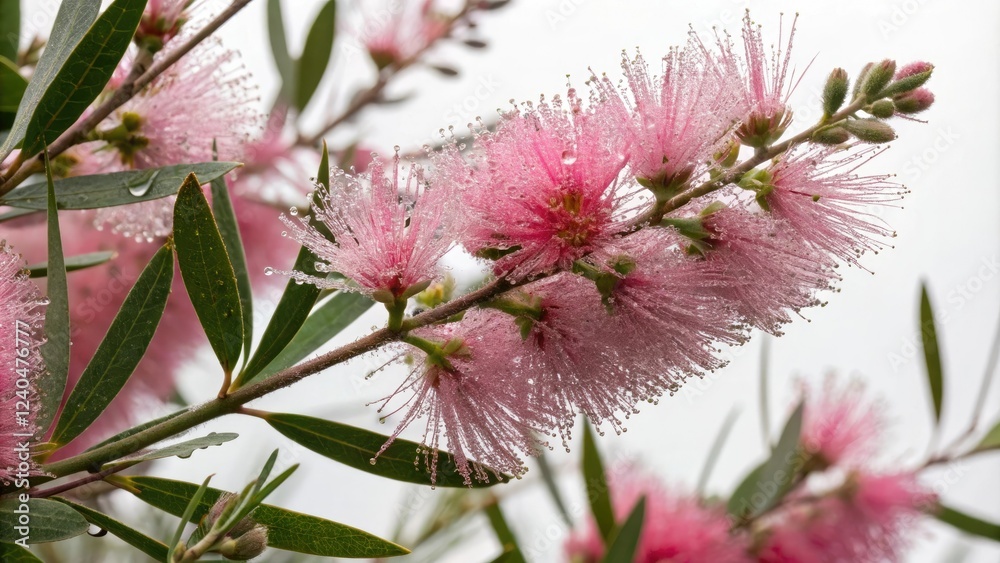 Fototapeta premium Pink bottlebrush flowers with delicate feathery plumes showcasing their unique texture and color under morning dew, botanical illustration, delicate texture, natural beauty, flower anatomy