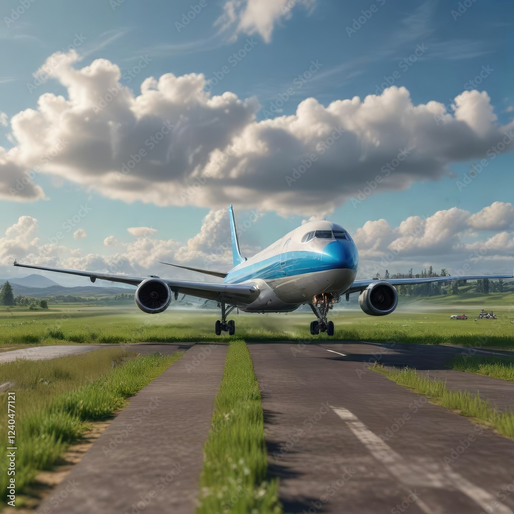 plane touching down on the runway in a green meadow with a bright blue sky above, field, nature, aircraft plane touching down on the runway in a green meadow with a bright blue sky above, field, nature, aircraft