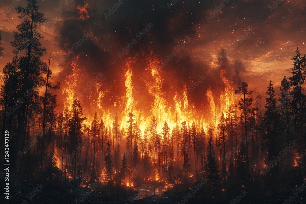 Intense wildfire raging through a dense forest at dusk with dramatic flames and smoke rising high into the sky Intense wildfire raging through a dense forest at dusk with dramatic flames and smoke rising high into the sky