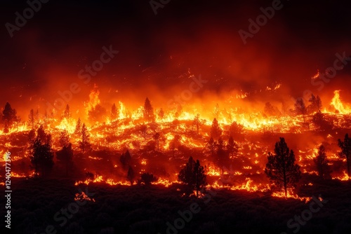 Devastating wildfire engulfs forest landscape at night with intense flames and smoke rising photo