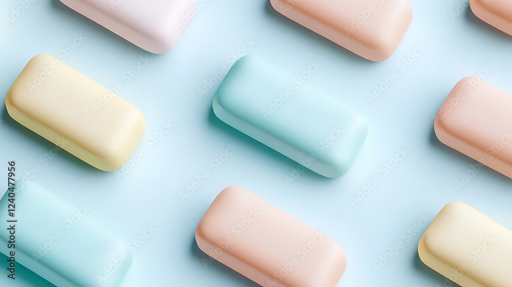 Colorful Soap Bars Arranged in a Pattern on a Soft Blue Background for Spa and Wellness Themes Colorful Soap Bars Arranged in a Pattern on a Soft Blue Background for Spa and Wellness Themes
