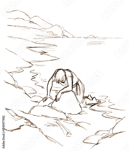 Pencil drawing. A man who escaped ashore after a shipwreck