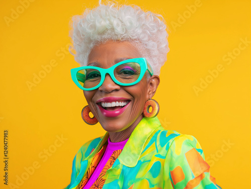 studio portrait of happy senior retired black woman wearing colourful clothes, isolated on yellow background