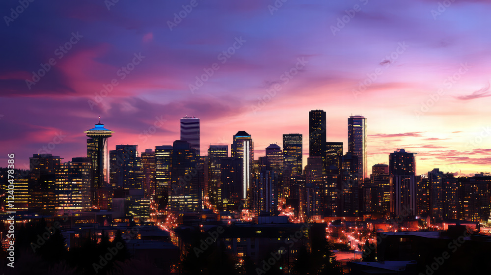 Fototapeta premium stunning city skyline at sunset, showcasing tall buildings and vibrant colors in sky. scene captures essence of urban life with beautiful blend of architecture and nature