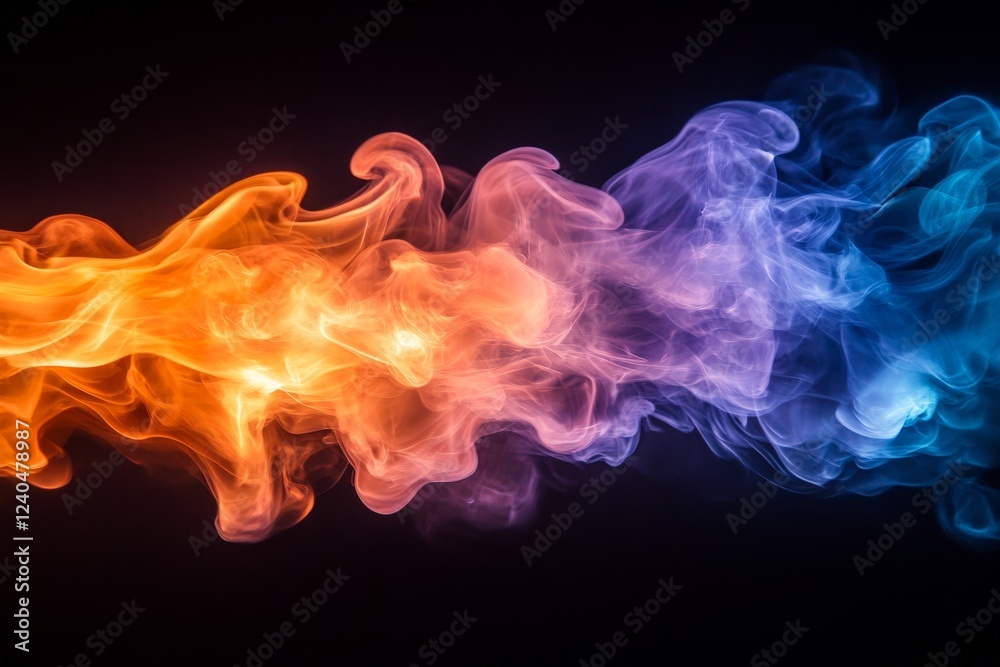 Fototapeta premium Colorful swirls of smoke in vibrant orange, purple, and blue dancing against a dark background