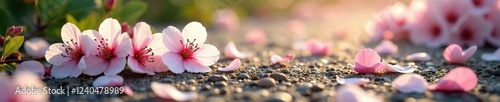 White and pink cherry blossoms scattered on the ground, blossoming leaves, greenery, cherry blossom petals