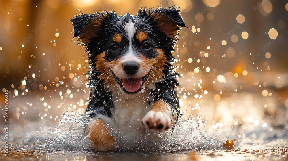 Joyful puppy splashes in puddles to celebrate National Puppy Day with playful energy and pure happiness Joyful puppy splashes in puddles to celebrate National Puppy Day with playful energy and pure happiness