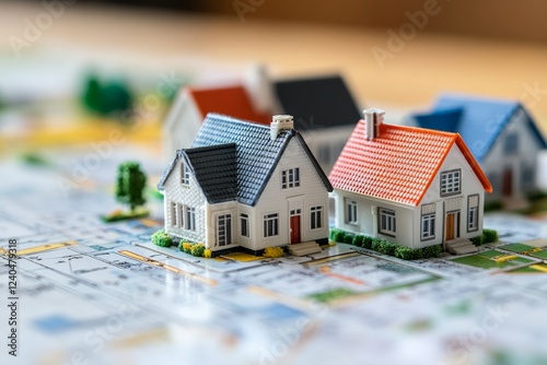 Model houses displayed on a board game representing real estate strategy and urban planning