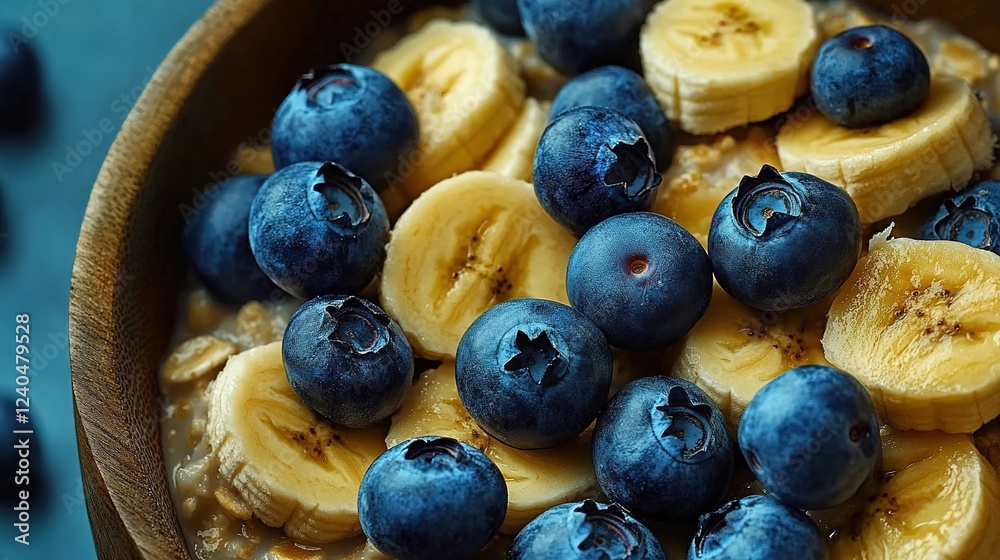 Oatmeal with banana and blueberries, close-up view. Vibrant colors of yellow bananas and deep blues on the surface of fresh fruits, in a natural wood bowl. Oatmeal with banana and blueberries, close-up view. Vibrant colors of yellow bananas and deep blues on the surface of fresh fruits, in a natural wood bowl.