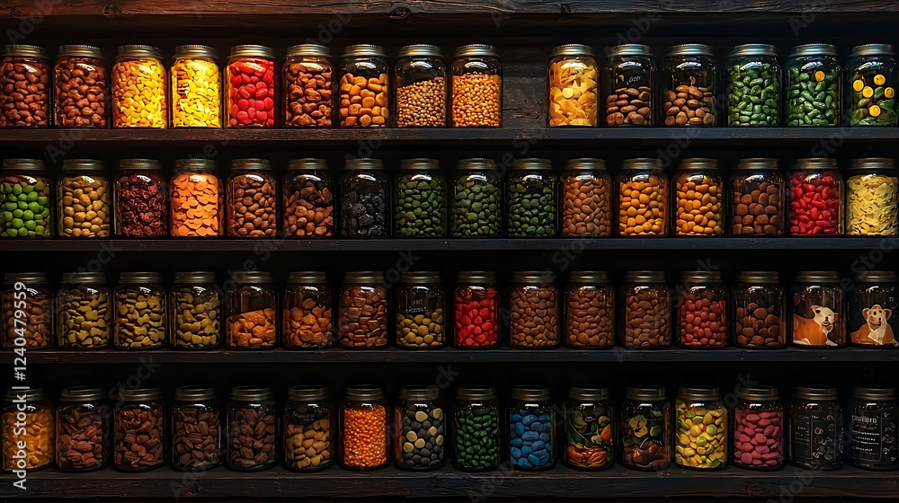 Colorful candy and snacks in glass jars on wooden shelves. A vibrant and visually appealing image perfect for food blogs, packaging design, or retail displays.