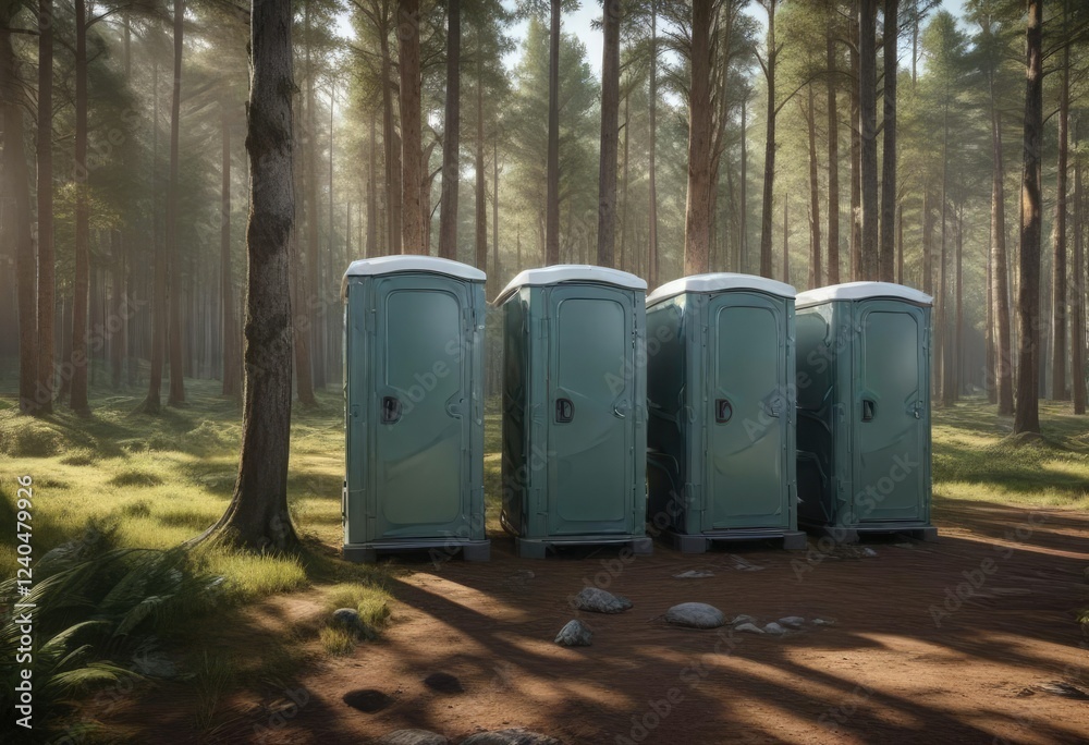 Row of three portable toilets in a forested landscape, rural scenery, nature scenery, environment Row of three portable toilets in a forested landscape, rural scenery, nature scenery, environment