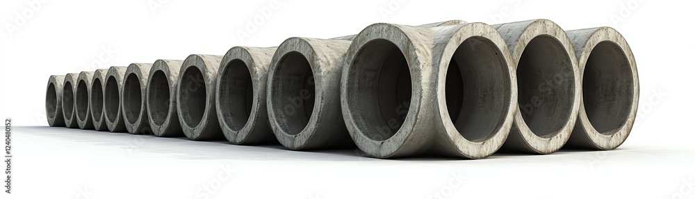 Concrete pipes arranged in a straight line on a white isolated background. Concrete pipes arranged in a straight line on a white isolated background.