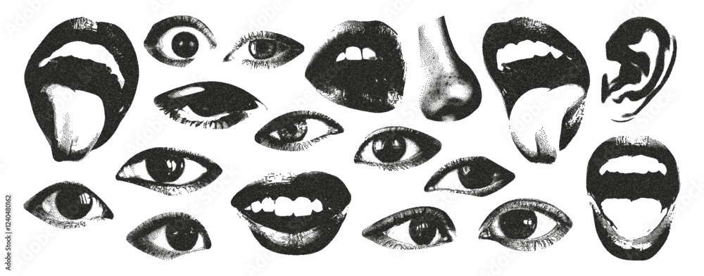 Elements of the eye, ear, nose, lips of the brutal retro design. The photocopy effect. Vector illustration. Elements of the eye, ear, nose, lips of the brutal retro design. The photocopy effect. Vector illustration.