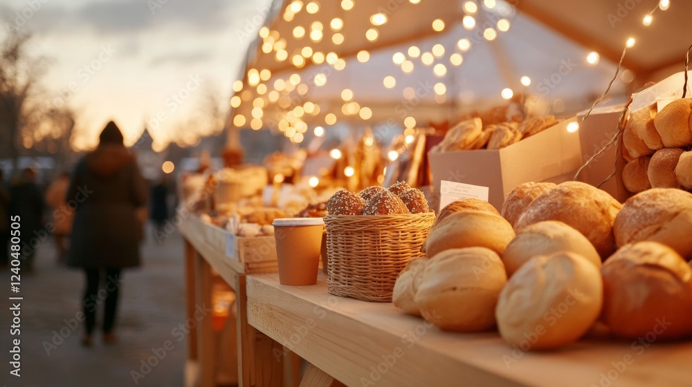 Fototapeta premium Charming Twilight Pop-Up Market Artisanal Crafts and Textiles in Rustic Lighting - Trendsetting Retail Experience and Seasonal Community Engagement