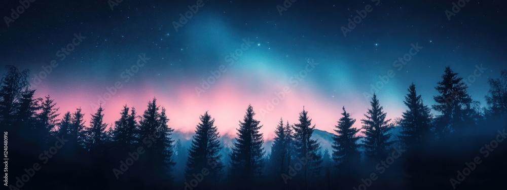 Fototapeta premium Beautiful twilight over a serene forest landscape illuminated by northern lights