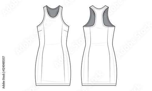 Athleisure Racerback Bodycon Dress Technical Fashion Illustration. Fitted Sleeveless Dress Vector Template. Contour Seams. Front and back view. Mini-Length. Women’s Activewear. CAD mockup set. 
