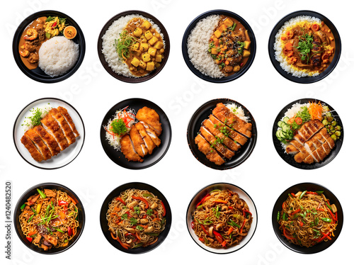 Top view collection of tasty menu Japanese food in black plate, Tonkatsu Fried pork rice, Yakisoba Stir-fried noodles, Curry Rice, isolated on white background, png