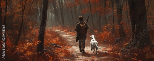 Hunter and dog walking through colorful autumn forest