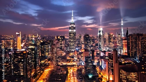 Day to night sunset during time lapse effect of American downtown of New York, below view of modern skyscraper buildings and condominium hotels and banks city at night