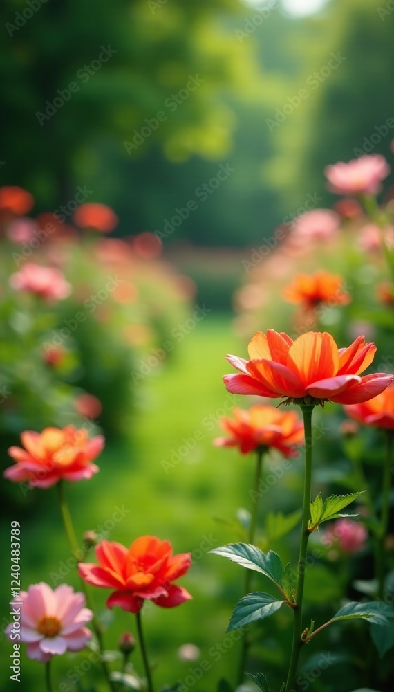 Soft focus on a garden full of blooming flowers, green, lush Soft focus on a garden full of blooming flowers, green, lush