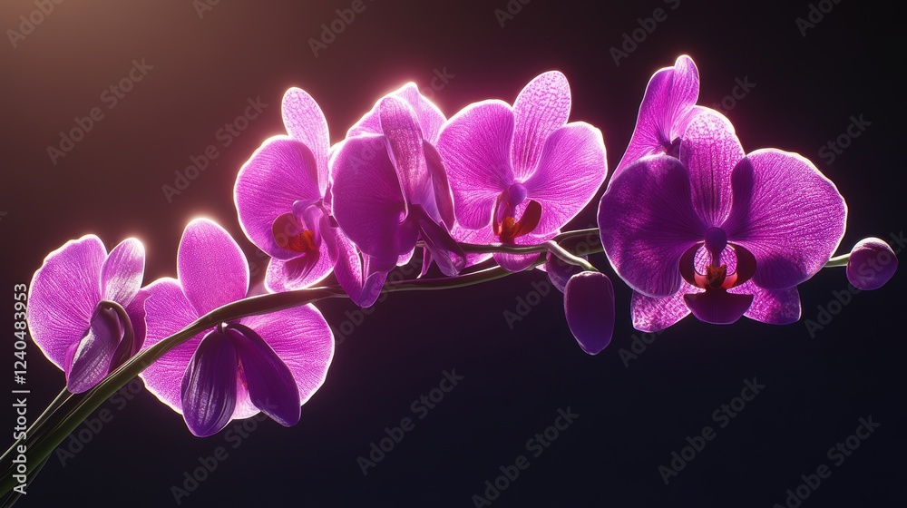 Beautiful violet orchid flowers illuminated against dark background, showcasing intricate petal details, natural beauty, and vibrant colors in a stunning arrangement. Beautiful violet orchid flowers illuminated against dark background, showcasing intricate petal details, natural beauty, and vibrant colors in a stunning arrangement.