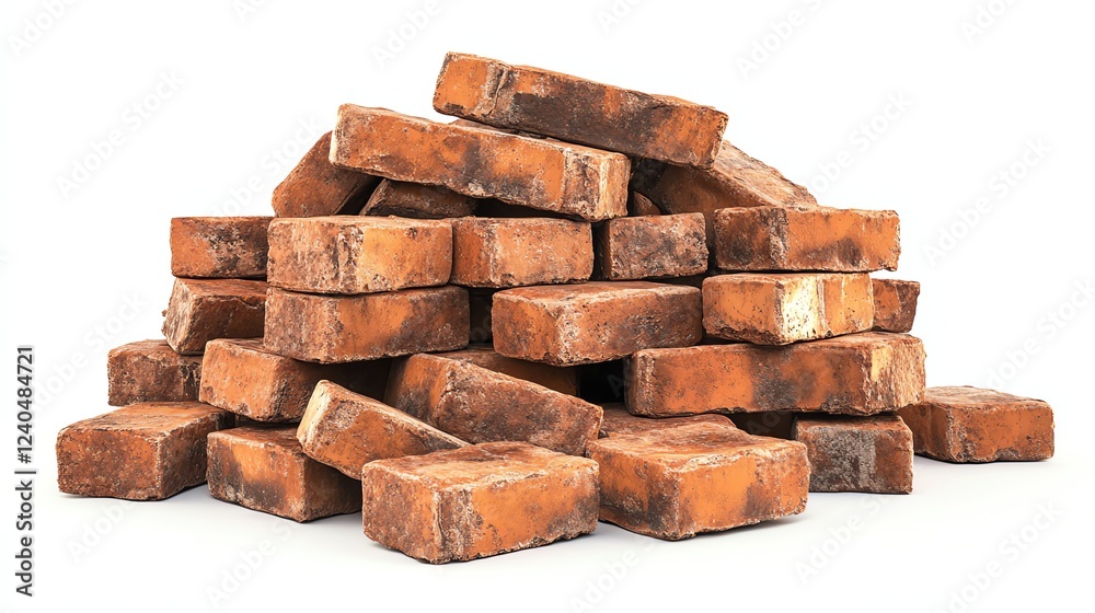 A stack of weathered red bricks on a white isolated background. A stack of weathered red bricks on a white isolated background.