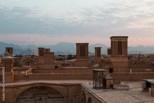 Cityscape of the ancient part of Yazd, Iran with adobe wind-catchers and more details. 