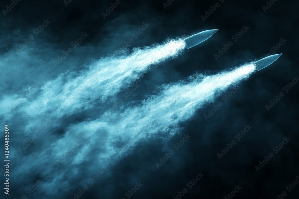 Fototapeta premium Rockets soaring through the clouds with bright trails, showcasing powerful propulsion at night