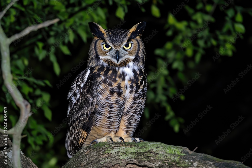 Serene owl perching on a tree at night in blue hue Serene owl perching on a tree at night in blue hue