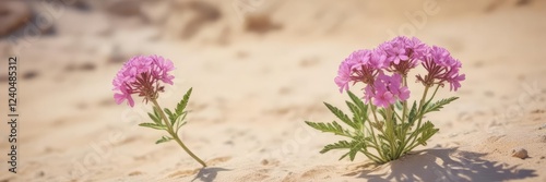 Soft and dreamy watercolor painting of desert sand verbena flower, pastel colors, peaceful scene photo