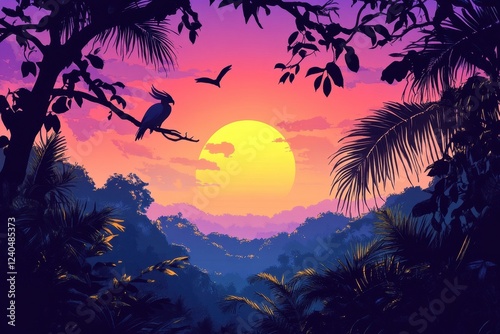 Tropical Sunset Landscape With Parrot Silhouette