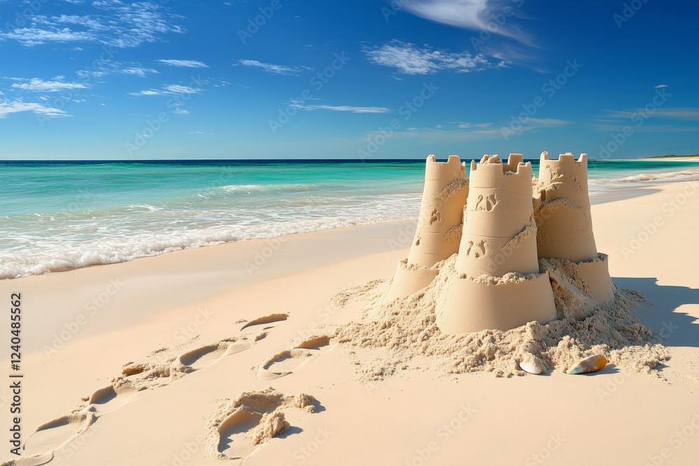 Naklejka premium A sandcastle on the beach, partially eroded by wind and waves.