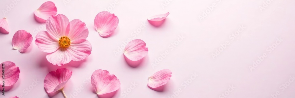 Fototapeta premium Soft pink petals scattered on white background, pink, bloom