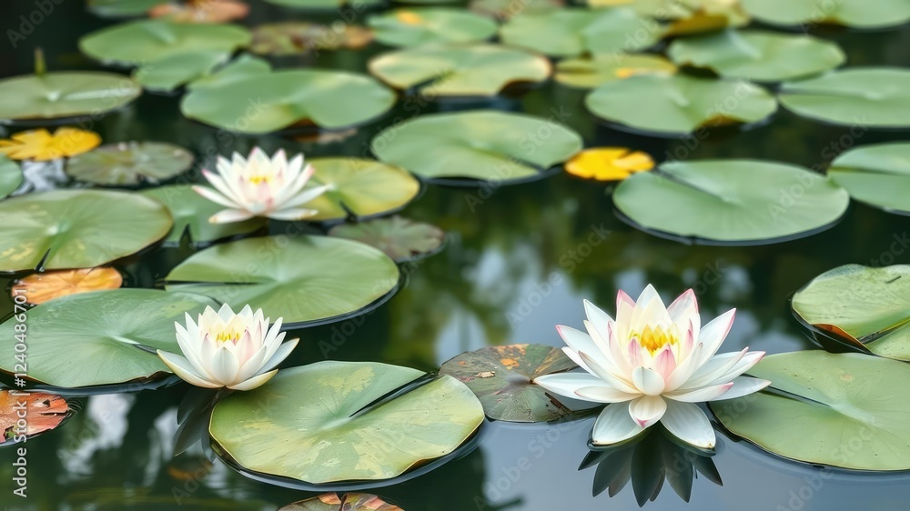 Soft watercolor lily pads on a serene pond, peaceful ambiance, watercolor painting, oil on canvas Soft watercolor lily pads on a serene pond, peaceful ambiance, watercolor painting, oil on canvas