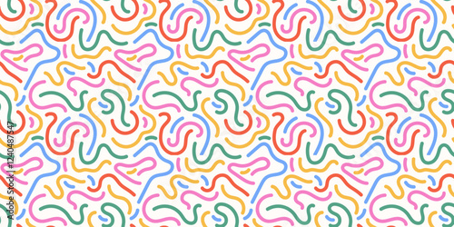 Fun colorful line doodle seamless pattern. Creative minimalist style art background for children or trendy design with basic shapes. Simple childish scribble backdrop. Vector stock background