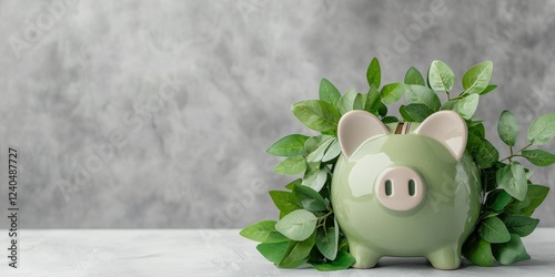 financial benefits profit sustainability concept. Piggy bank surrounded by greenery on a textured background.