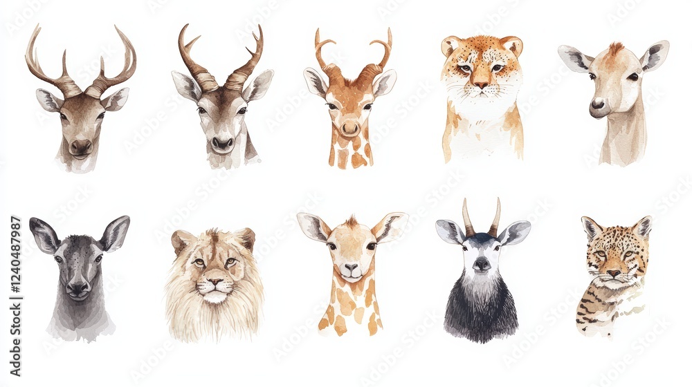 Obraz premium A stunning collection of animal portraits showcasing deer, lion, and more in a beautiful illustrated style.