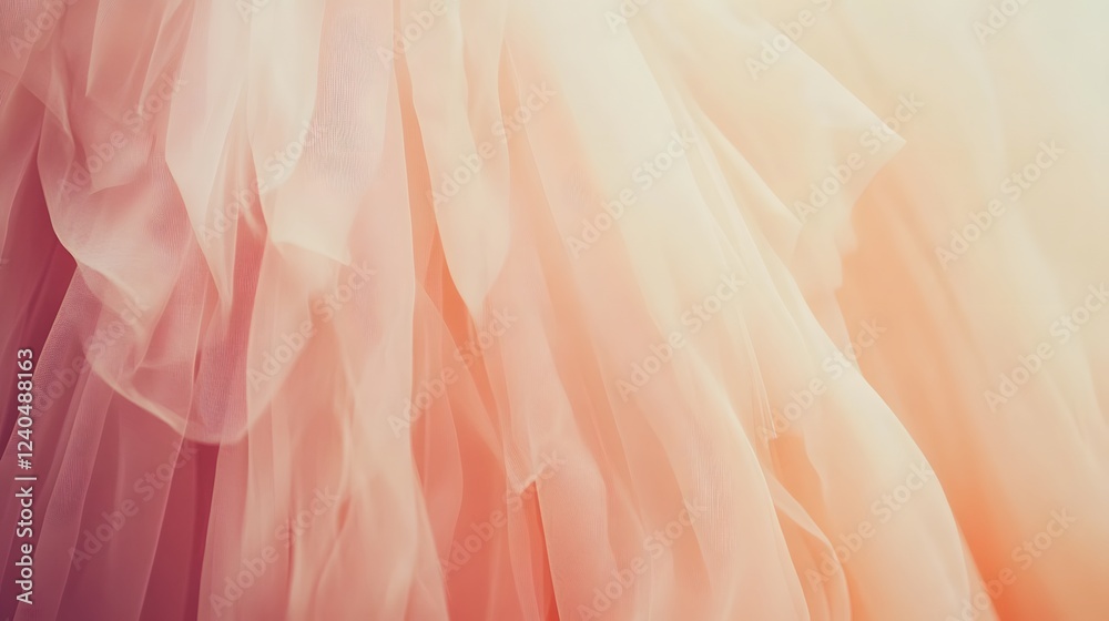 Obraz premium Soft Peach Tulle Fabric Texture Background, Elegant Sheer Drape, Wedding Dress Detail