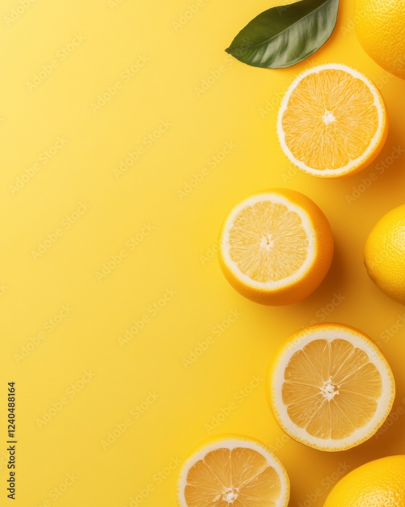 Vivid Citrus Display Freshly Sliced Lemons on Vibrant Yellow - Dynamic Visual Content for Food and Bright Marketing Campaigns Vivid Citrus Display Freshly Sliced Lemons on Vibrant Yellow - Dynamic Visual Content for Food and Bright Marketing Campaigns