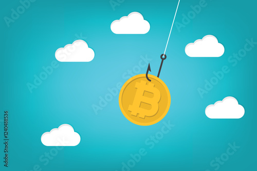 Bitcoin cryptocurrency scam or fraud. A bitcoin with fishing hook. Online digital currency risk	