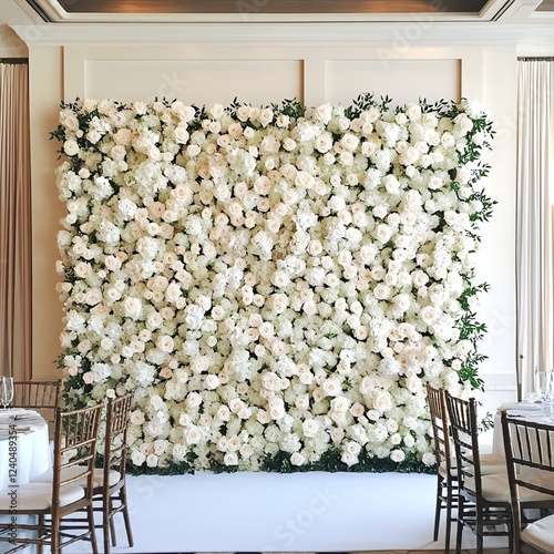 Elegant white flower wall backdrop for events and celebrations.